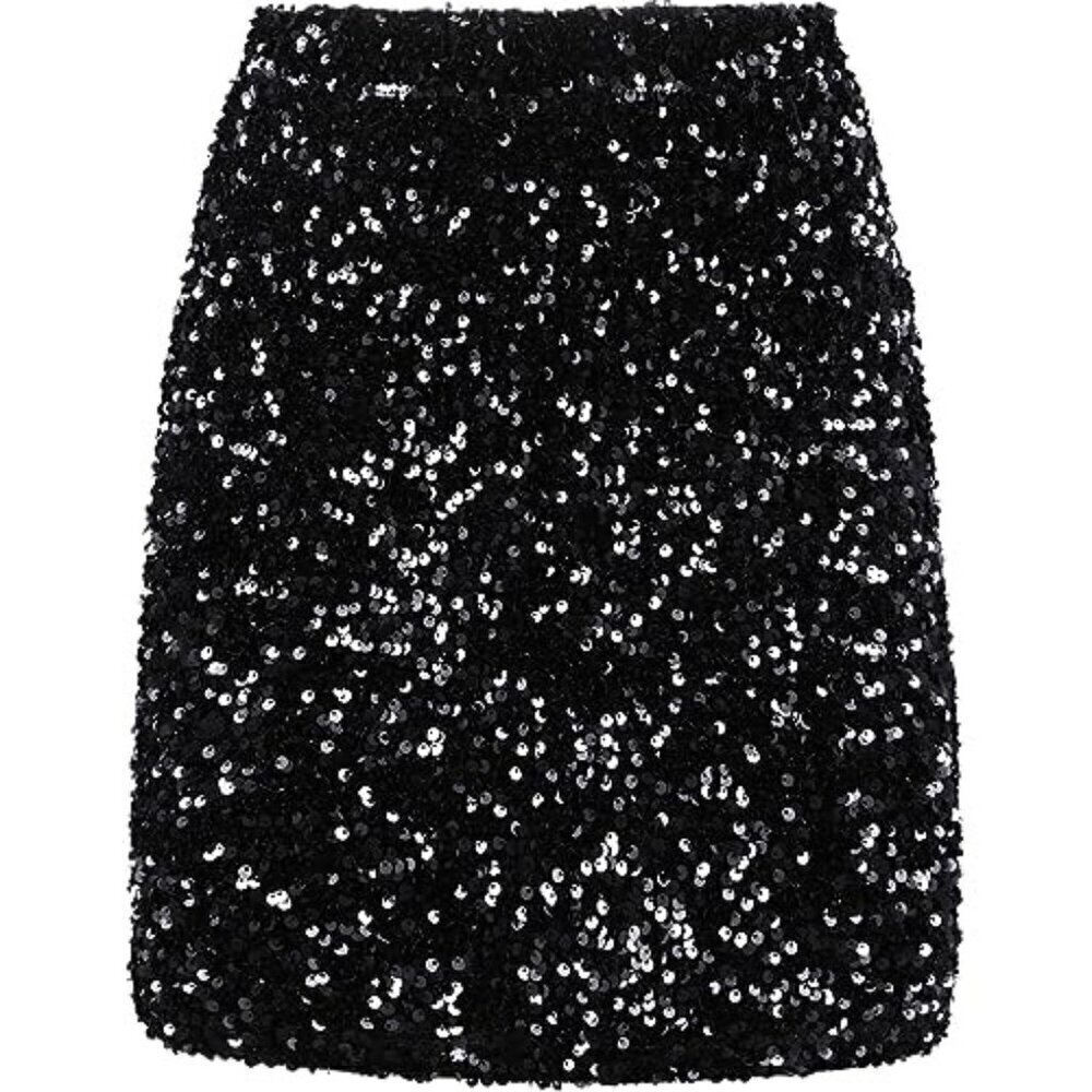 REEMONDE Women's Sequin Skirt Sparkle Stretchy Bodycon Mini Skirt Black Medium